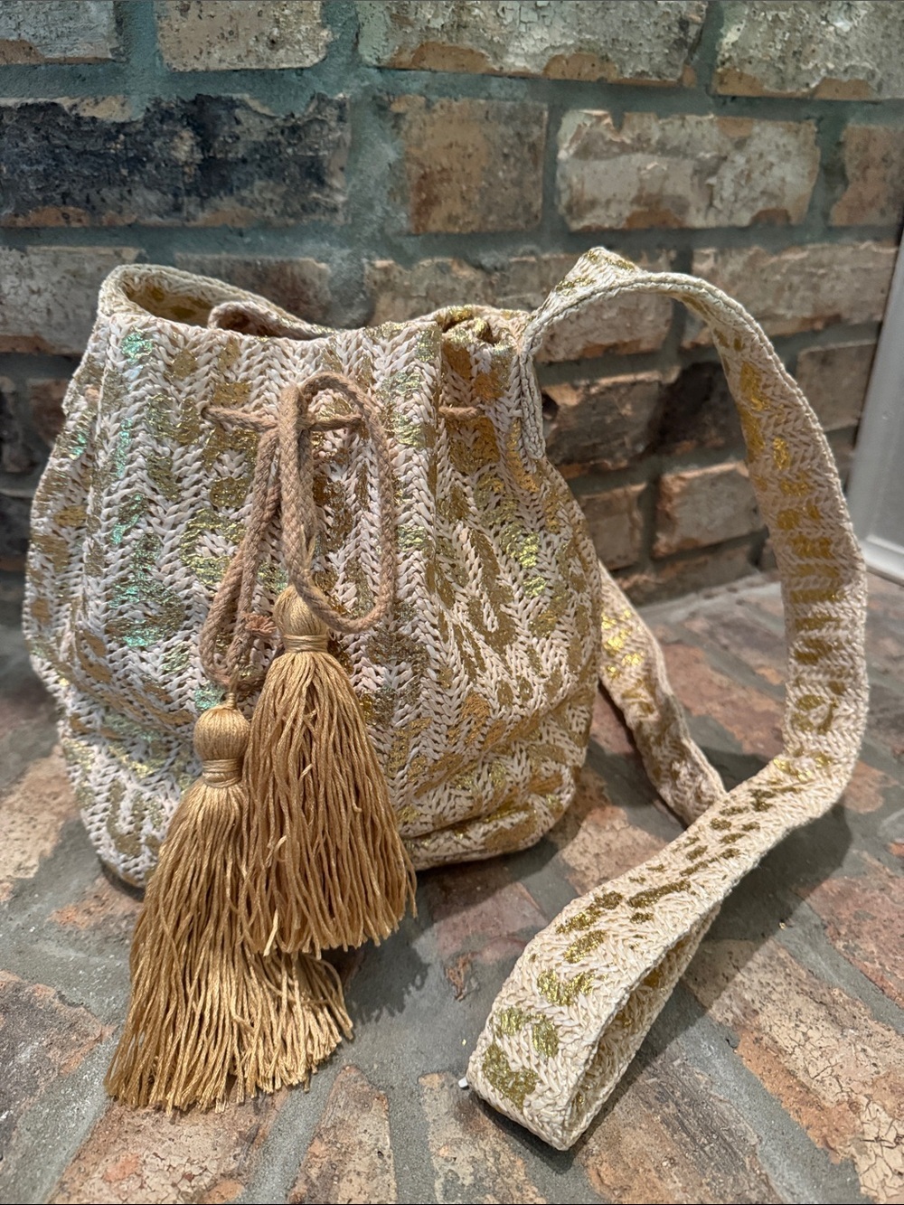 Boho Woven Drawstring Bucket Bag in Beige and Gold